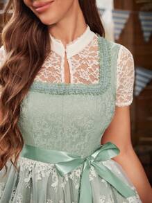 SHEIN Unity Women Keyhole Neckline Short Sleeves Contrast Net Design Waist Bow Tie Sweet Dress - Green - View 5