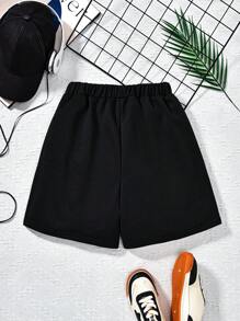 SHEIN Teenage Girls' Black Street Style Graphic Print Knit Summer Shorts
