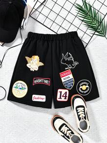 SHEIN Teenage Girls' Black Street Style Graphic Print Knit Summer Shorts