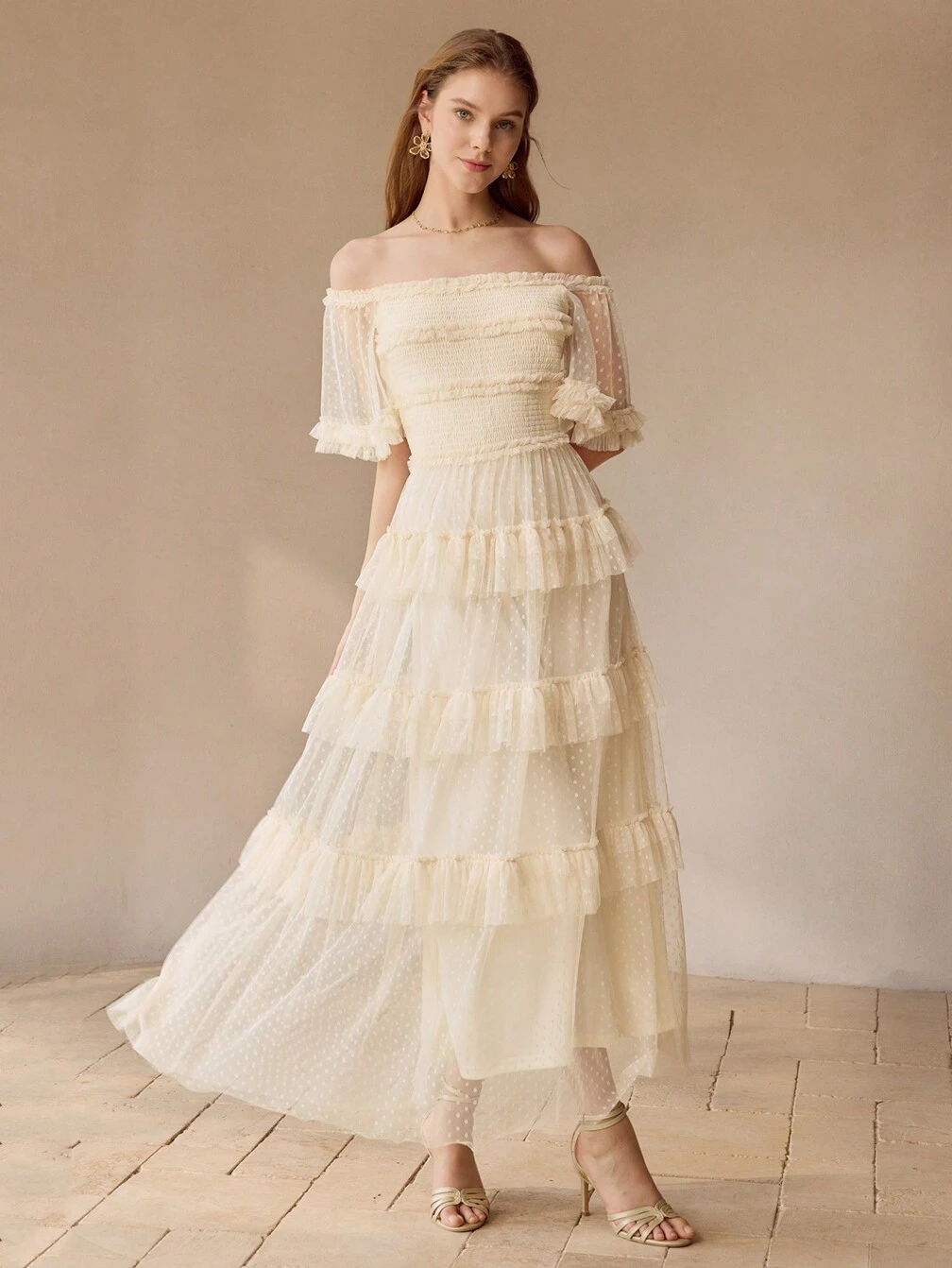 dobby mesh dress DOBBY MESH OVERLAY OFF SHOULDER SHIRRED BODICE LAYERED RUFFLE TRIM MAXI  DRESS, WOMEN OUTFIT｜Motf