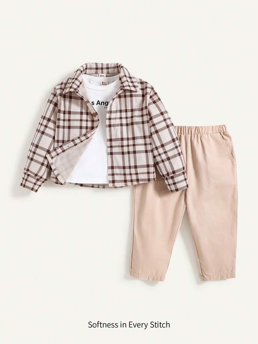 Cozy Pixies 3pcs Baby Boy's Colorful Plaid Contrast Collar Short Sleeve Cardigan, Soft Knit Short Sleeve T-Shirt And Pants Set