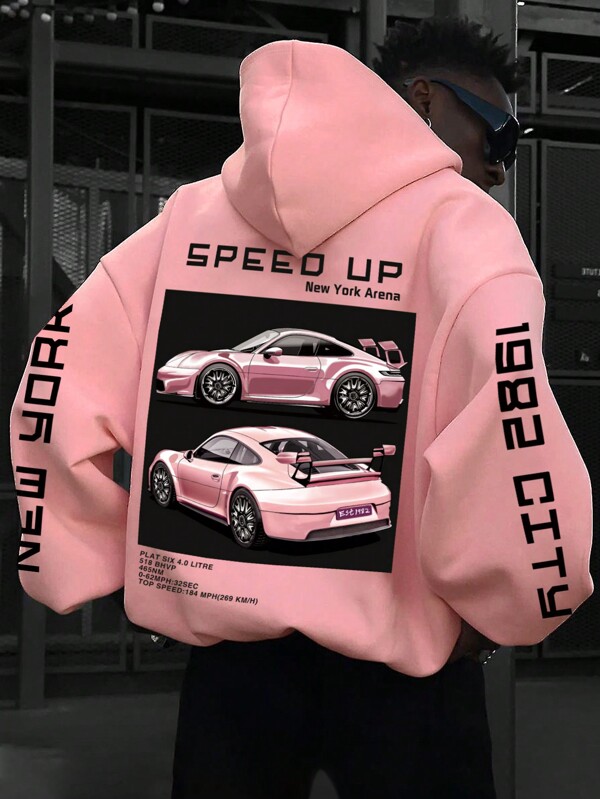 Manfinity Dauomo Men's Zip-Front Letter & Car Printed Zip-Up Hoodie, Casual Casual Fit, Spring/Summer