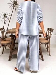 Bộ 2 Chiếc In Sọc Ngẫu Nhiên Plus Size Nữ Cổ Chữ V Mùa Hè Có Tay Và Quần Dài - Nhiều màu - Xem 2