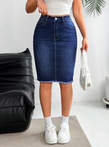 SHEIN Essnce Women Button Belt Loops Pockets Raw Edge Hem Design Slim Fit Fashion Denim Skirt - Dark Wash - View 1