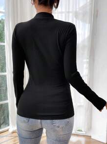 SHEIN Blusa casual de manga larga con cuello de cordón negro para maternidad