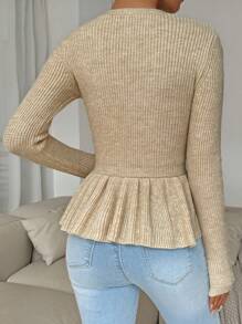 SHEIN LUNE Women's Spring & Autumn Single-Breasted Ruffled Hem Long Sleeve Cardigan - Apricot - View 2