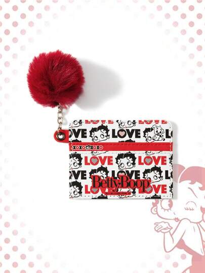 Betty Boop | ROMWE Cartoon Figure And Polka Dot Star Print Pompom Detail White Fashionable Compact Card Holder, Valentine's Day, For Gifts