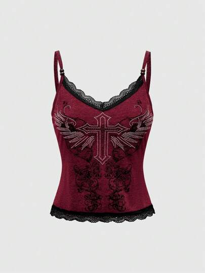 Goth Damen Vintage Camisole mit Strass-Flügel Kreuz-Spitzenbesatz, Sommer