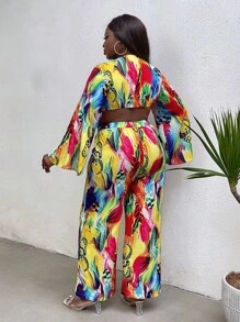 Maweii Conjunto De Regata Plus Size Feminina De Estampa Floral Com Frente Torcida, Manga Flare E Calça - Amarelo - Ver 2