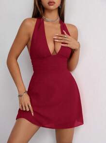 SHEIN Unity Deep V-Neck Tie-Up Mint Green Summer Holiday Dress For Women Burgundy Color Women Outfit