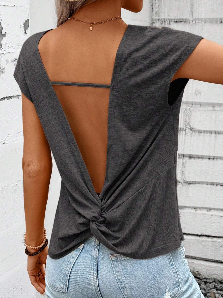 SHEIN LUNE Camiseta de manga con volantes y espalda descubierta con cuello en V de unicolor, para primavera y verano - Gris Oscuro - Ver 1