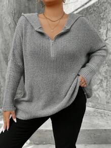 SHEIN LUNE Plus Size Women's Solid Color Simple Casual Half Zip Hooded Pullover Sweater Knit Pullover Fall Winter - Grey - View 7