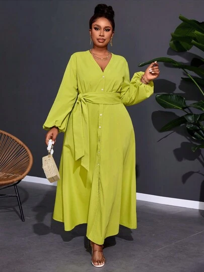 Slaydiva 大码优雅通勤连衣裙，女士纯色绿色灯笼袖拼布 V 领连衣裙