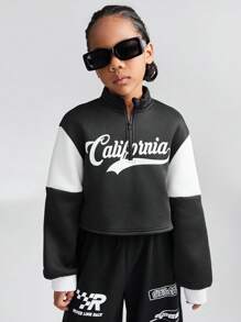 SHEIN Áo nỉ trùm đầu màu đen trắng cho bé gái tuổi teen mùa thu/đông trở lại trường - Đen và trắng - Xem 3