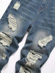 Manfinity Hypemode Men's Distressed Street Wear Plain Denim Overalls With Pockets And Wide Straps, For Friends, Going Out Going Out Hang Out Commute Work Street, Emo Style - Blue - View 3