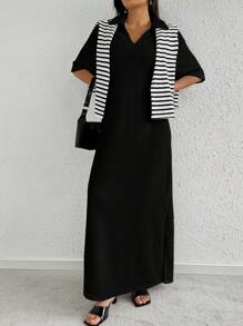 Seusyu Black Drop Shoulder Collar Split Dress - Black - View 1