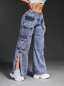 SHEIN SXY Phụ nữ Túi Nút Thẳng Thời Trang Thường Ngày Chia Quần Jean Đa Năng Hợp Thời Trang - Rửa nhẹ - Xem 2