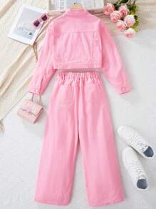 Áo khoác denim màu hồng với quần jean túi ống thẳng cho bé gái, Bộ 2 món thường ngày Thu/Đông - Hồng - Xem 2