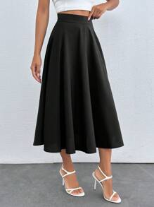 SHEIN Chân váy nữ cỡ lớn màu đen trơn, cạp cao, kiểu dáng thường ngày, có khóa kéo bên hông. - màu đen - Xem 6