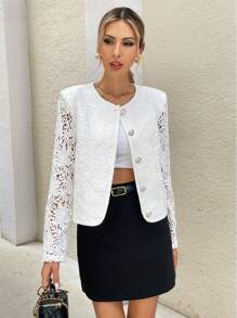 Chiquease Women Spring/Autumn Elegant Solid Color Lace Jacket - White - View 1