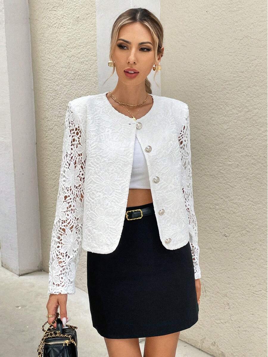 Chiquease Women Spring/Autumn Elegant Solid Color Lace Jacket - White - View 1