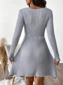 SHEIN LUNE Women's Single-Breasted Slim Fit V-Neck Long Sleeve Sweater Dress Fall Cloth For Women - Grey - View 2