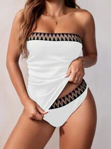 SHEIN Swim Women's Beach Vacation Wave Striped Woven Bandeau Casual Tankini Swimwear Set Summer - White - View 1