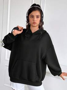 SHEIN 青少年女孩休闲宽松字母印花连帽运动衫，适合返校装，百搭运动风格，秋季 - 黑色 - 查看 4