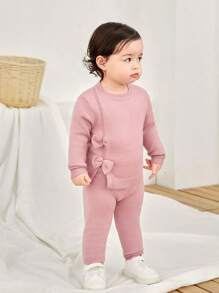 SHEIN 女婴可爱纯色针织毛衣配蝴蝶结装饰和松紧腰裤套装，秋冬季