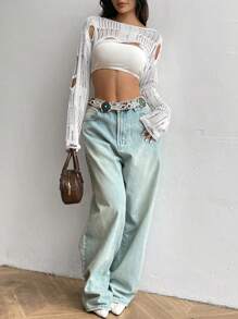 Flirla Áo len nữ tay dài cổ tròn, thiết kế khoét rỗng, kiểu dáng thời trang, thích hợp cho mùa thu đông. - trắng - Xem 4