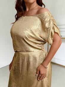SHEIN Unity Ensemble de 2 pièces à la mode pour l'été: Haut à col asymétrique de couleur unie et longue jupe asymétrique pour femmes grandes tailles - Doré - Voir 5