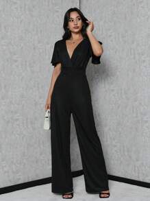 SHEIN Tall Tall Womens Solid Surplice Neck Butterfly Sleeve Wide Leg Jumpsuit - Black - View 5