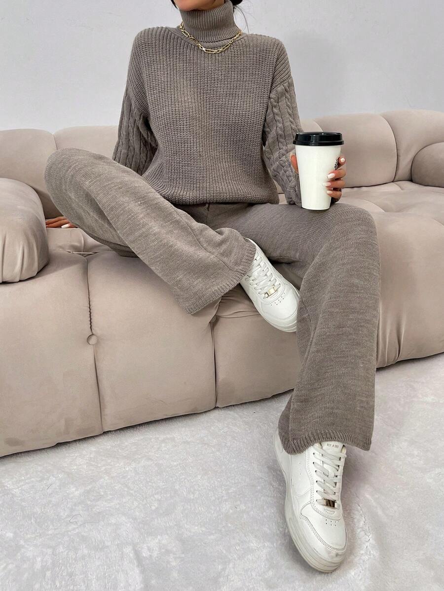 EURMUSE Petite Turtleneck Drop Shoulder Sleeve Sweater And Pants Set ,Petite Women
