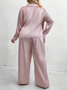 SHEIN CURVE+ Bộ 2 chiếc khăn choàng cổ màu trơn cỡ lớn có cổ áo dài tay và bộ quần dài - Rượu sâm banh - Xem 2