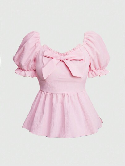 Kawaii Women's Himekaji Sweet And Lovely Sweetheart Neck Babydoll Shirt With Bow Decoration And Puff Sleeves, Summer, School