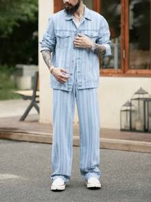 Manfinity Homme Men's Light Grey Vertical Stripe Denim Suit - Light Wash - View 4