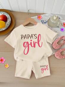 SHEIN Happikins Baby Girl Casual Minimalist Letter Print Short Sleeve Top & Shorts Set, 100% Cotton, Suitable For Summer - Apricot - View 1