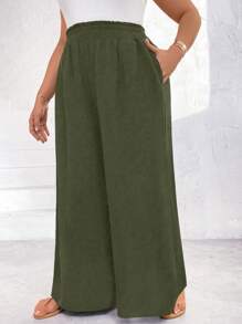 Flirla 大码纯色梭织宽松阔腿裤带口袋 - 軍綠色 - 查看 5