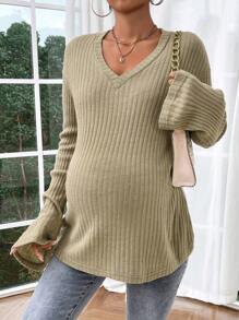 SHEIN Maternity Solid V-Neck Long Sleeve Ribbed Simple Casual Top - Army Green - View 5