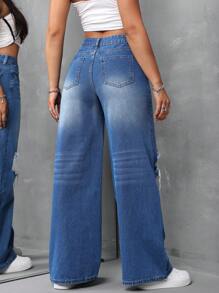SHEIN EZwear Women Casual Distressed Straight Leg Jeans, Blue - Blue - View 2