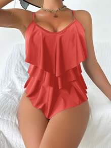 SHEIN Swim 女士纯色拼接荷叶边分体泳衣 夏季 - 乾枯玫瑰色 - 查看 3