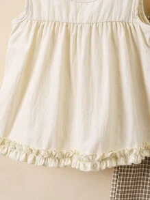 SHEIN 2 件套年轻女孩休闲无袖上衣和格子裤套装，春夏 - 杏色 - 查看 5