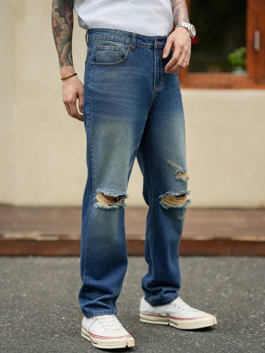 Manfinity Homme Men Vintage Washed Deep Blue Straight-Leg Denim Casual Jeans - Light Grey - View 1