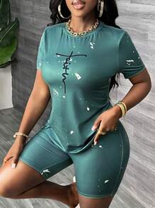 Slaydiva Elegant Green Tie-Dye Printed Slogan Bodycon T-Shirt And Leggings Set - Multicolor - View 5