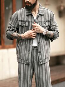 Manfinity Homme Men's Khaki Heavy Dyed Distressed Striped Print Button Front Long Sleeve Jacket And Casual Denim Pants 2-Piece Set - Khaki - View 6