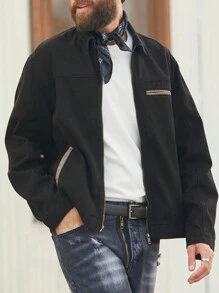 Manfinity Homme Giacca casual da uomo stile retrò in denim nero con blocchi di colore a forma di toro, modello bomber - nero - Visualizzare 1