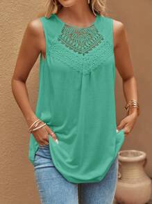 SHEIN Clasi Débardeur simple et élégant pour femmes, col rond, sans manches, avec broderie œillet et de couleur unie