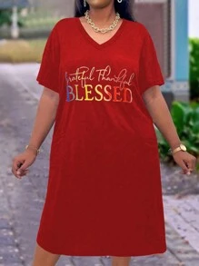 Maweii 夏季大码短袖休闲印花连衣裙 - 紅色 - 查看 4