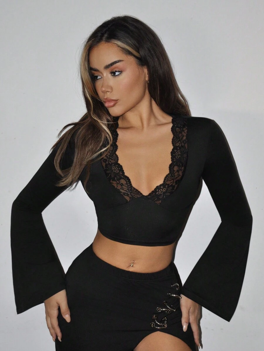 SHEIN ICON Y2k Party Tops Women Deep V-Neck Lace Splice Bodycon Flared Long Sleeve T-Shirt - Black - View 1