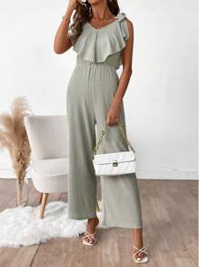 SHEIN Clasi Elegant, Commuting, Casual, Waisted, Ruffled Collar, Shoulder Tie Detail, Women Jumpsuit - Army Green - View 4